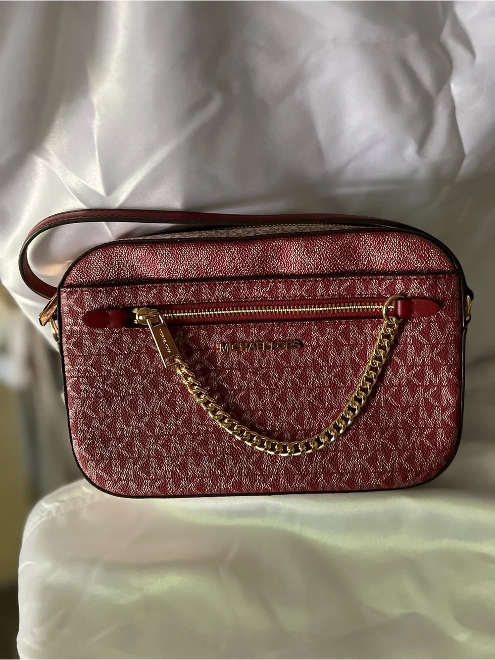Michael Kors Red Signature Monogram Crossbody with Gold Chain